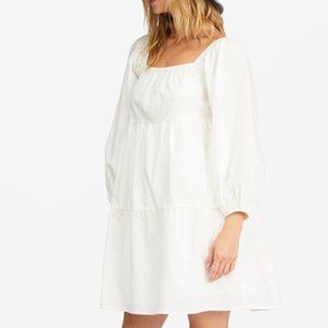 BILLABONG Love Crush Babydoll Mini Dress Puff Sleeves White Cotton Poplin M NWT